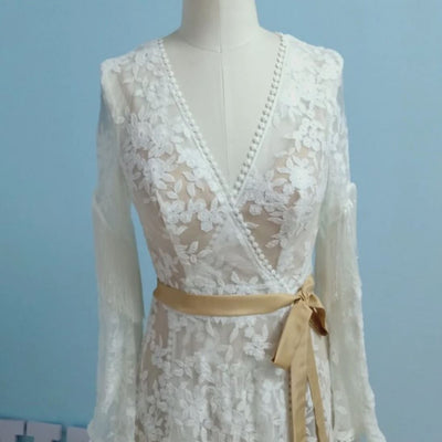 Vintage Bohemian Tassel Long Sleeve Openback Wedding Dress Boho Wedding Dresses BlissGown 