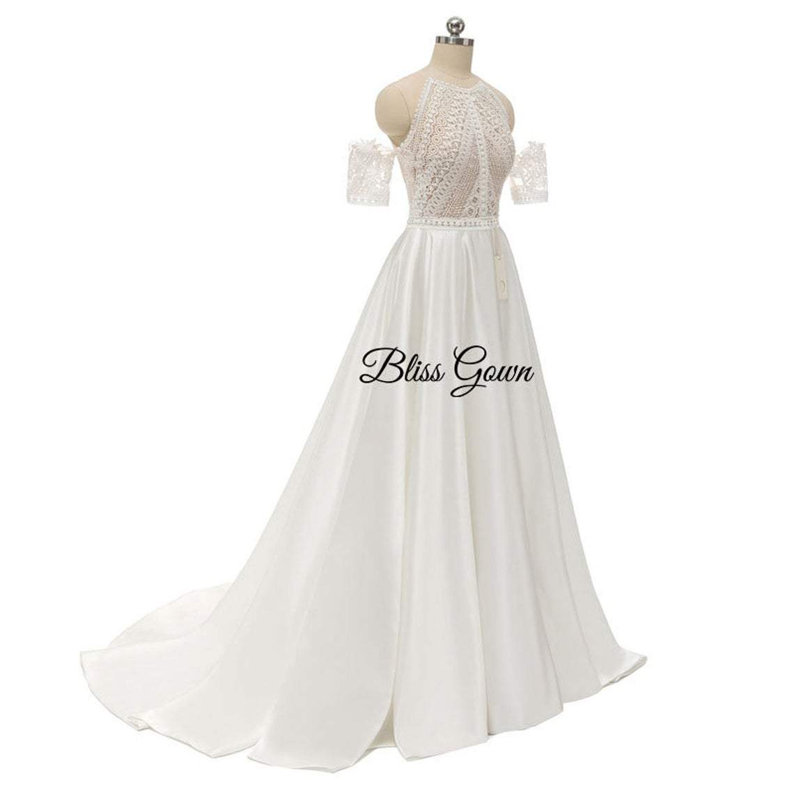 Vintage Boho Pearls Lace Satin Wedding Dresses - BlissGown