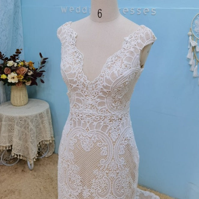 Vintage Crochet Lace Short Sleeve Open Back Sexy Bridal Gown Vintage Wedding Dresses BlissGown 