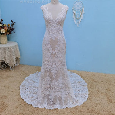 Vintage Crochet Lace Short Sleeve Open Back Sexy Bridal Gown