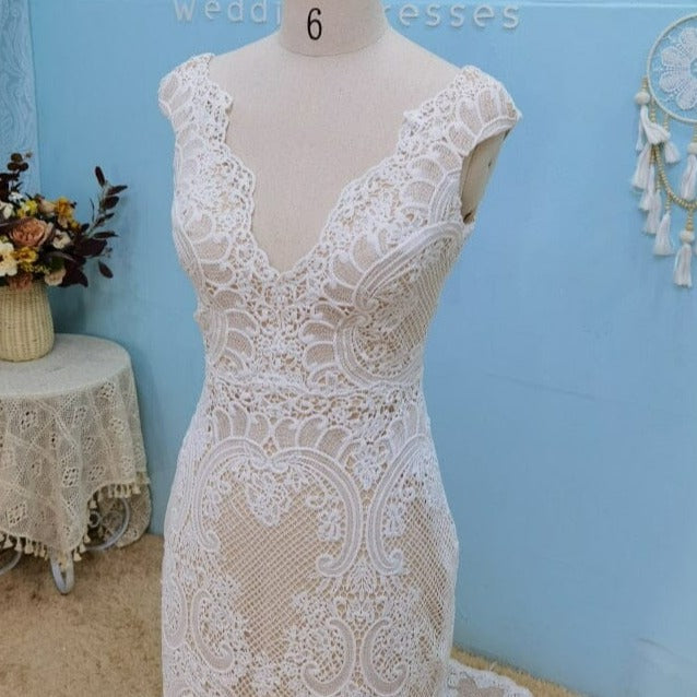 Vintage Crochet Lace Tassel Short Sleeve Sexy Open Back Hippie Bridal Gown Vintage Wedding Dresses BlissGown Photo Color 2 