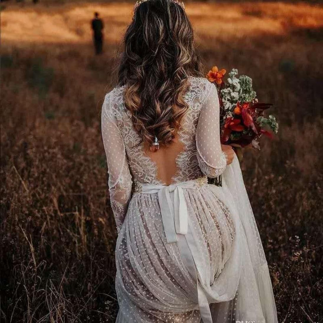 Vintage Dot Lace Bohemia Long Sleeve Bridal Gowns