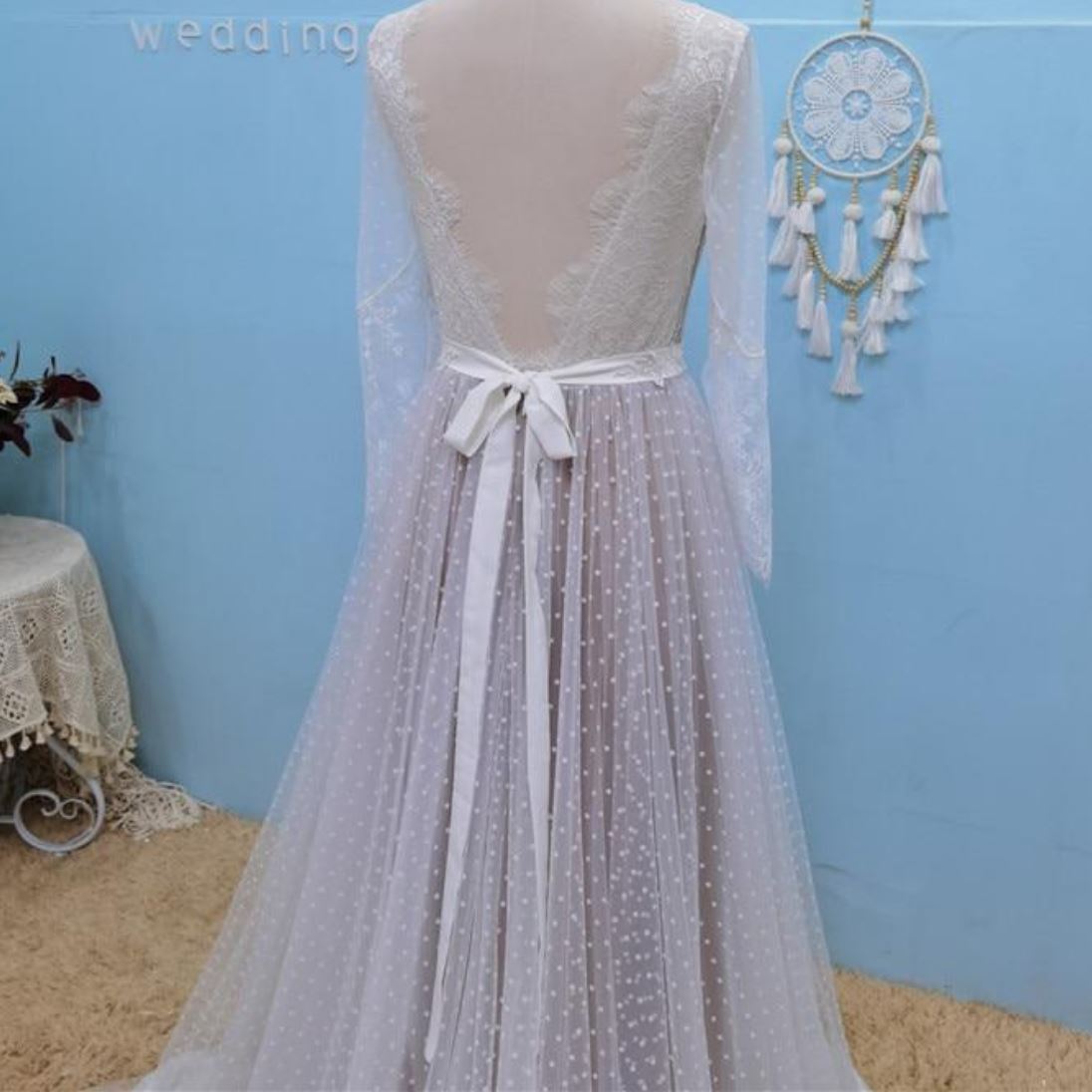 Vintage Dot Lace Bohemia Long Sleeve Bridal Gowns Boho Wedding Dresses BlissGown 