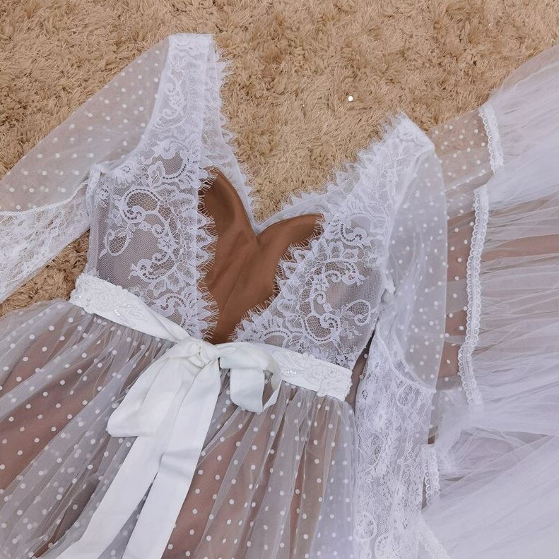 Vintage Dot Lace Bohemia Long Sleeve Bridal Gowns Boho Wedding Dresses BlissGown 