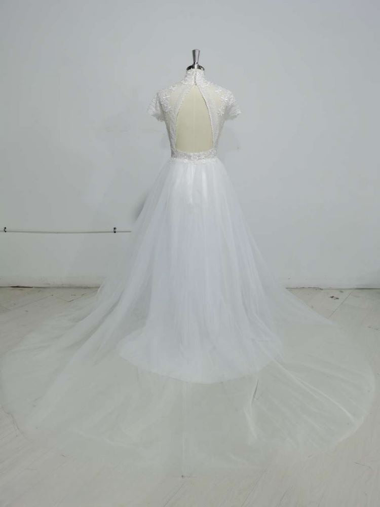 Vintage High Neck Cap Sleeves Bridal Gown Boho Wedding Dresses BlissGown 
