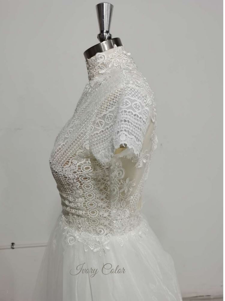 Vintage High Neck Cap Sleeves Bridal Gown Boho Wedding Dresses BlissGown 