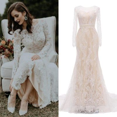 Vintage Lace Champagne Wedding Dress Sheath/Column Wedding Dresses BlissGown 