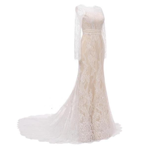 Vintage Lace Champagne Wedding Dress Sheath/Column Wedding Dresses BlissGown 