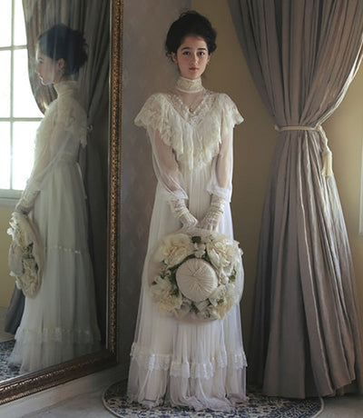 Vintage Lace High Neck Long Sleeve Tulle Wedding Dress Vintage Wedding Dresses BlissGown 