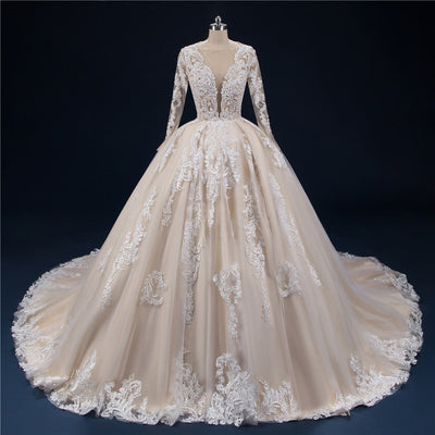 Vintage Lace Long Sleeves Ball Gowns Long Train Wedding Dress Vintage Wedding Dresses BlissGown 