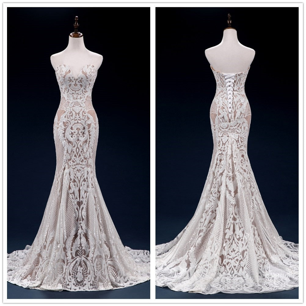 Vintage Sequin Lace Mermaid Wedding Dress Vintage Wedding Dresses BlissGown 
