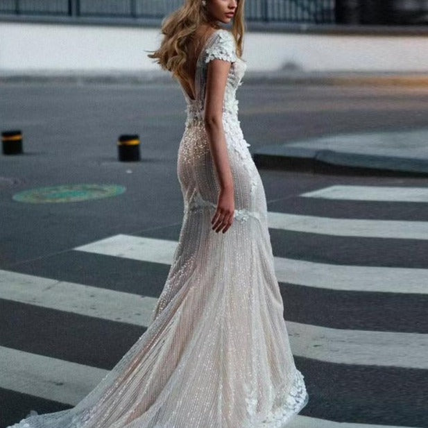 Vintage Sequin Lace Sheer Bridal Gown Vintage Wedding Dresses BlissGown 