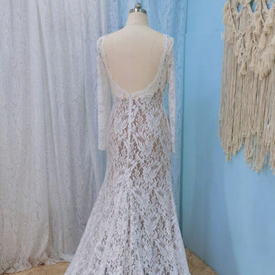 Vintage Stretch Lace Long Sleeve Sexy Open Back Mermaid Bridal Gown Beach Wedding Dresses BlissGown 