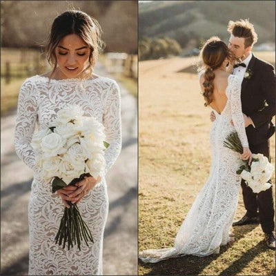 Vintage Stretch Lace Long Sleeve Backless Mermaid Bridal Gown