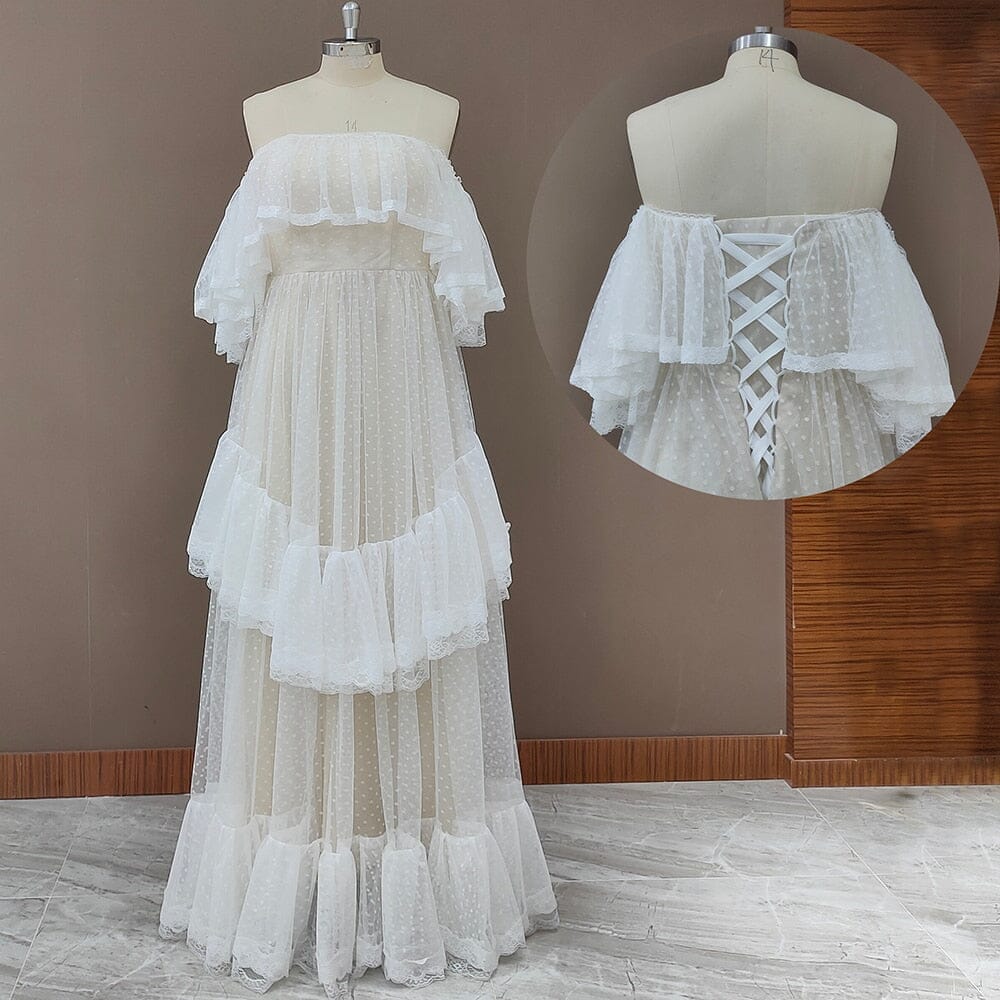 Vintage Victorian Style Lace Polka Dots Bridal Gown Boho Wedding Dresses BlissGown 
