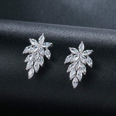 Wedding Bride Leaf Cubic Crystal Stud Earrings Jewelry BlissGown 1012 Silver 