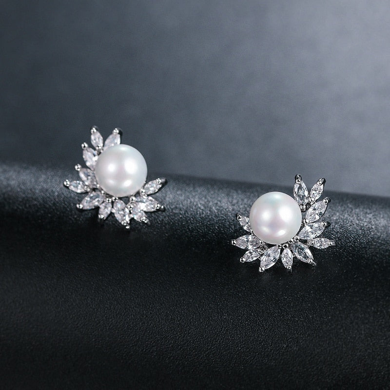 Wedding Bride Leaf Cubic Crystal Stud Earrings Jewelry BlissGown 219 Silver 