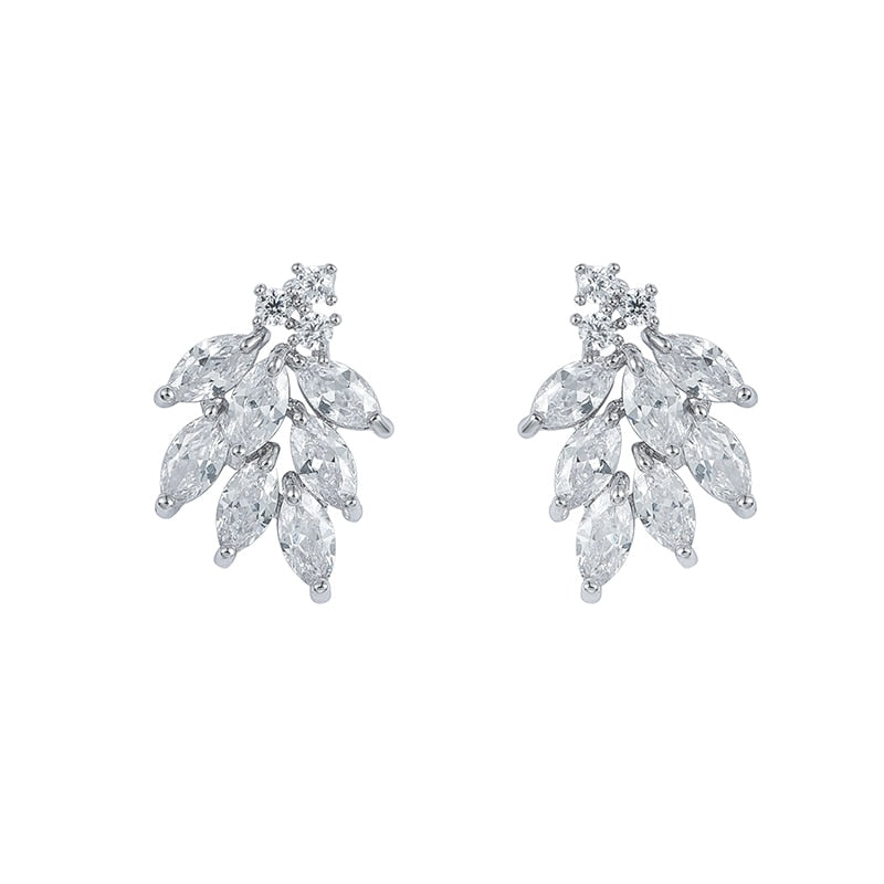 Wedding Bride Leaf Cubic Crystal Stud Earrings Jewelry BlissGown 321 Silver 