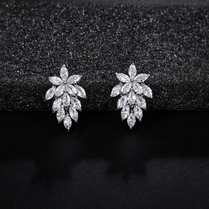 Wedding Bride Leaf Cubic Crystal Stud Earrings Jewelry BlissGown 