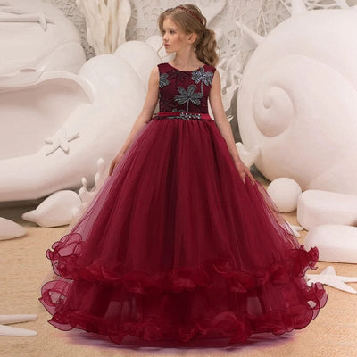 White Lace Flower Girl with Bow Bridesmaid Dress Special Occasion BlissGown Dark Red 3 