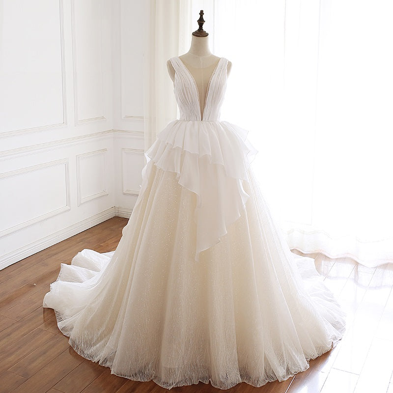 White layered Sleeveless V-Neck Ball Gown Wedding Dress Romantic Wedding Dresses BlissGown 
