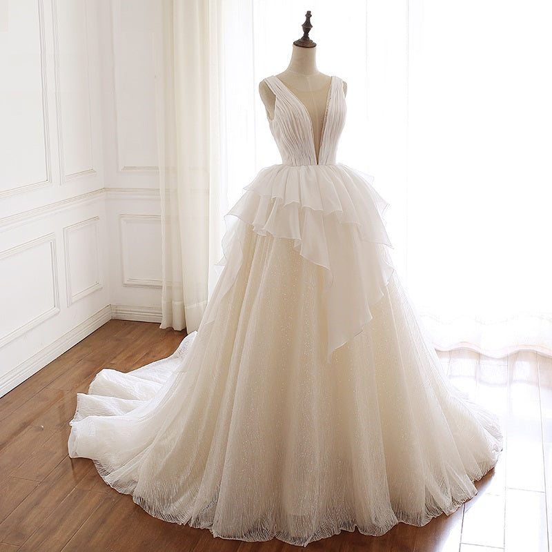 White layered Sleeveless V-Neck Ball Gown Wedding Dress Romantic Wedding Dresses BlissGown 