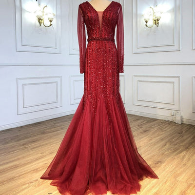 Wine Red Beaded Mermaid Elegant Evening Dress Evening & Formal Dresses BlissGown Wine Red 2 