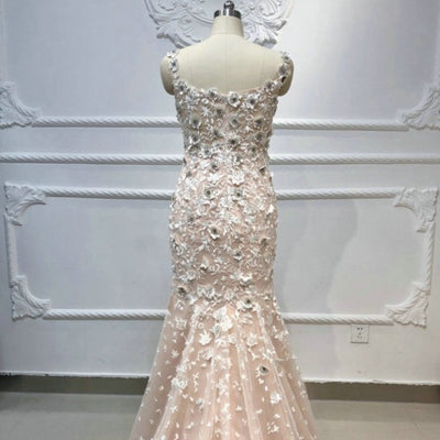 With Detachable Train Luxury Beaded 3D Flowers Champagne Wedding Dress Luxury Wedding Dresses BlissGown 