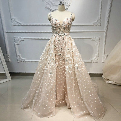 With Detachable Train Luxury Beaded 3D Flowers Champagne Wedding Dress