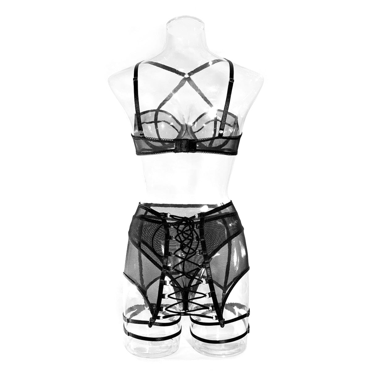 With Stockings Transparent Bra Intimate 3-Piece Black Lingerie Accessories BlissGown 