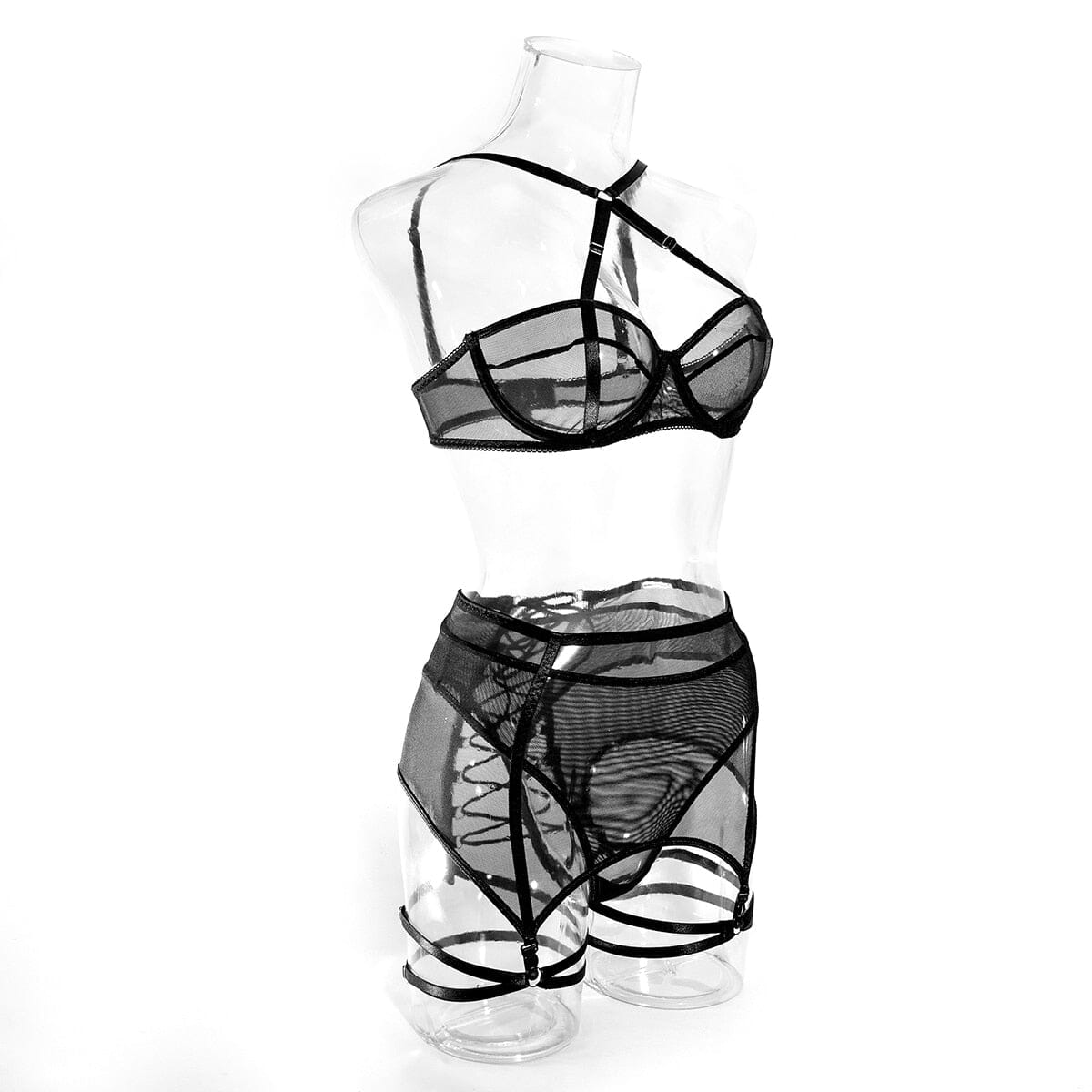 With Stockings Transparent Bra Intimate 3-Piece Black Lingerie Accessories BlissGown 