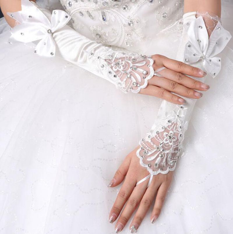Women Elbow Length Lace White Hook Finger Floret Bow Rhinestone Wedding Gloves Bride Wedding Accessories BlissGown 