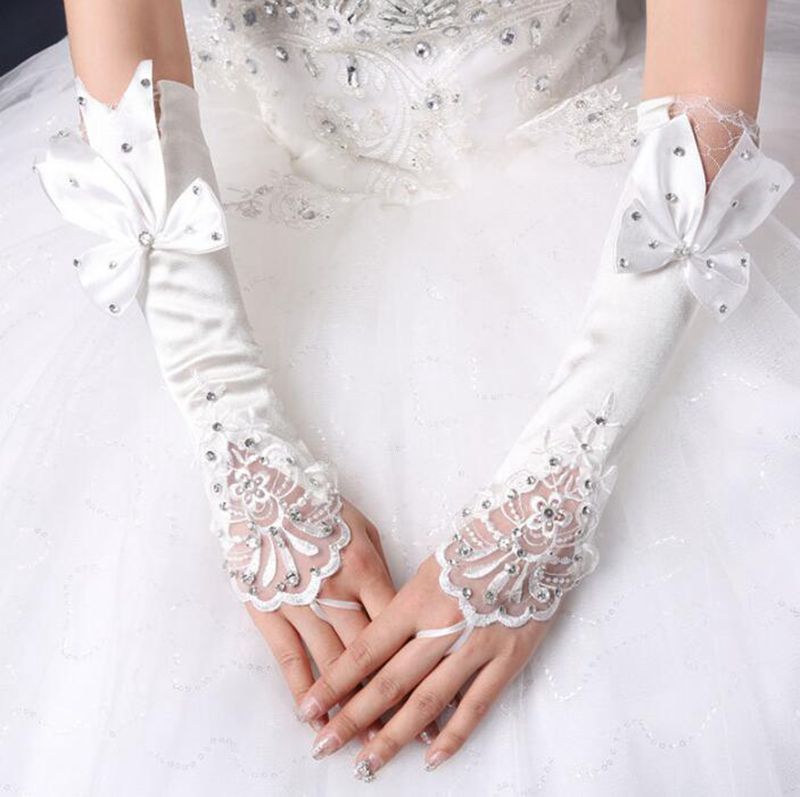 Women Elbow Length Lace White Hook Finger Floret Bow Rhinestone Wedding Gloves Bride Wedding Accessories BlissGown 