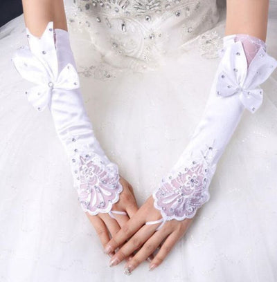 Women Elbow Length Lace White Hook Finger Floret Bow Rhinestone Wedding Gloves Bride Wedding Accessories BlissGown white 
